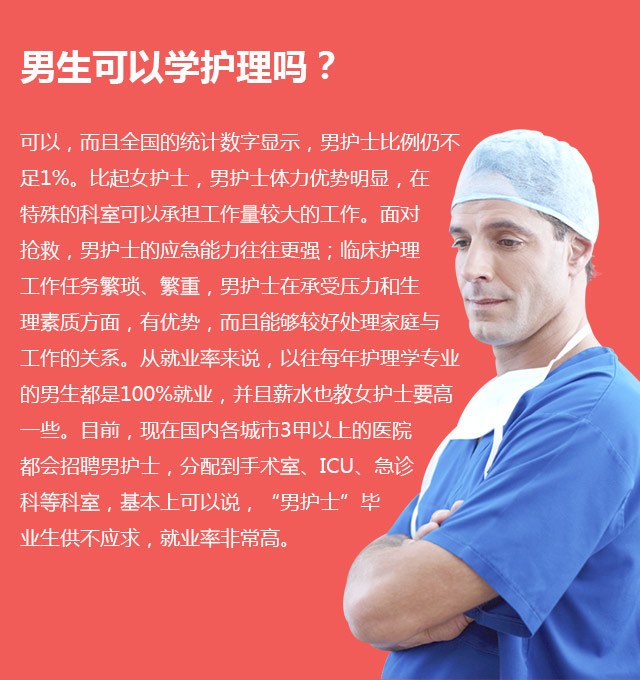 男生可以學(xué)護(hù)理嗎?可以，而且全國的統(tǒng)計數(shù)字顯示，男護(hù)士比例仍不足1%。比起女護(hù)士，男護(hù)士體力優(yōu)勢明顯，在特殊的科室可以承擔(dān)工作量較大的工作。面對搶救，男護(hù)士的應(yīng)急能力往往更強;臨床護(hù)理工作任務(wù)繁瑣、繁重，男護(hù)士在承受壓力和生理素質(zhì)方面，有優(yōu)勢，而且能夠較好處理家庭與工作的關(guān)系。從就業(yè)率來說，以往每年護(hù)理學(xué)專業(yè)的男生都是100%就業(yè)，并且薪水也教女護(hù)士要高—些。目前，現(xiàn)在國內(nèi)各城市3甲以上的醫(yī)院都會招聘男護(hù)士，分配到手術(shù)室、ICU、急診科等科室，基本上可以說，“男護(hù)士”畢業(yè)生供不應(yīng)求，就業(yè)率非常高。